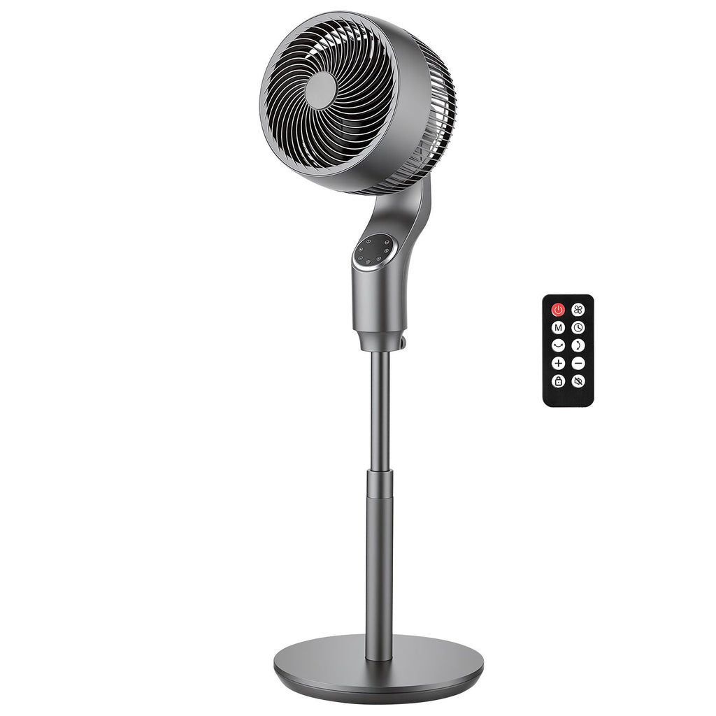 9-Inch Pedestal Fan, 80° Oscillating Standing Floor Fan with Quite DC Motor, Remote Control, 9 Speeds & 4 Smart Modes, 24H Timer, Adjustable Height, for Home, Bedroom, Living Room, Silver Gray