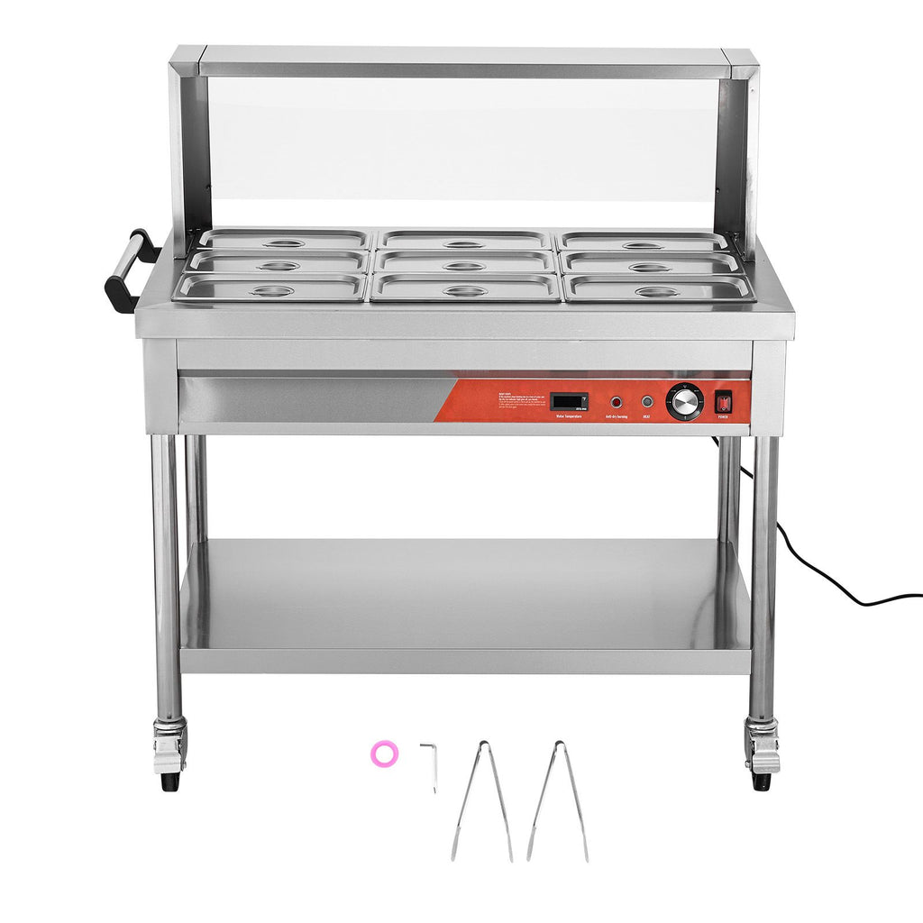 9-Pan Commercial Food Warmer, 9 x 1/3 Pans Electric Steam Table, 1500W Professional Buffet Catering Food Warmer with Shield Undershelf Wheels, Stainless Steel Server for Party Restaurant