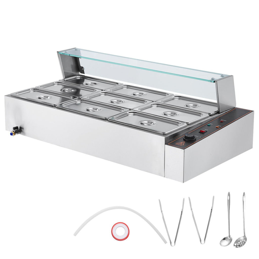 9-Pan Commercial Food Warmer, 9 x 5QT Electric Steam Table with Glass Cover, 1500W Countertop Stainless Steel Buffet Bain Marie 86-185 Fahrenheit Temp Control for Catering, Restaurants, Silver