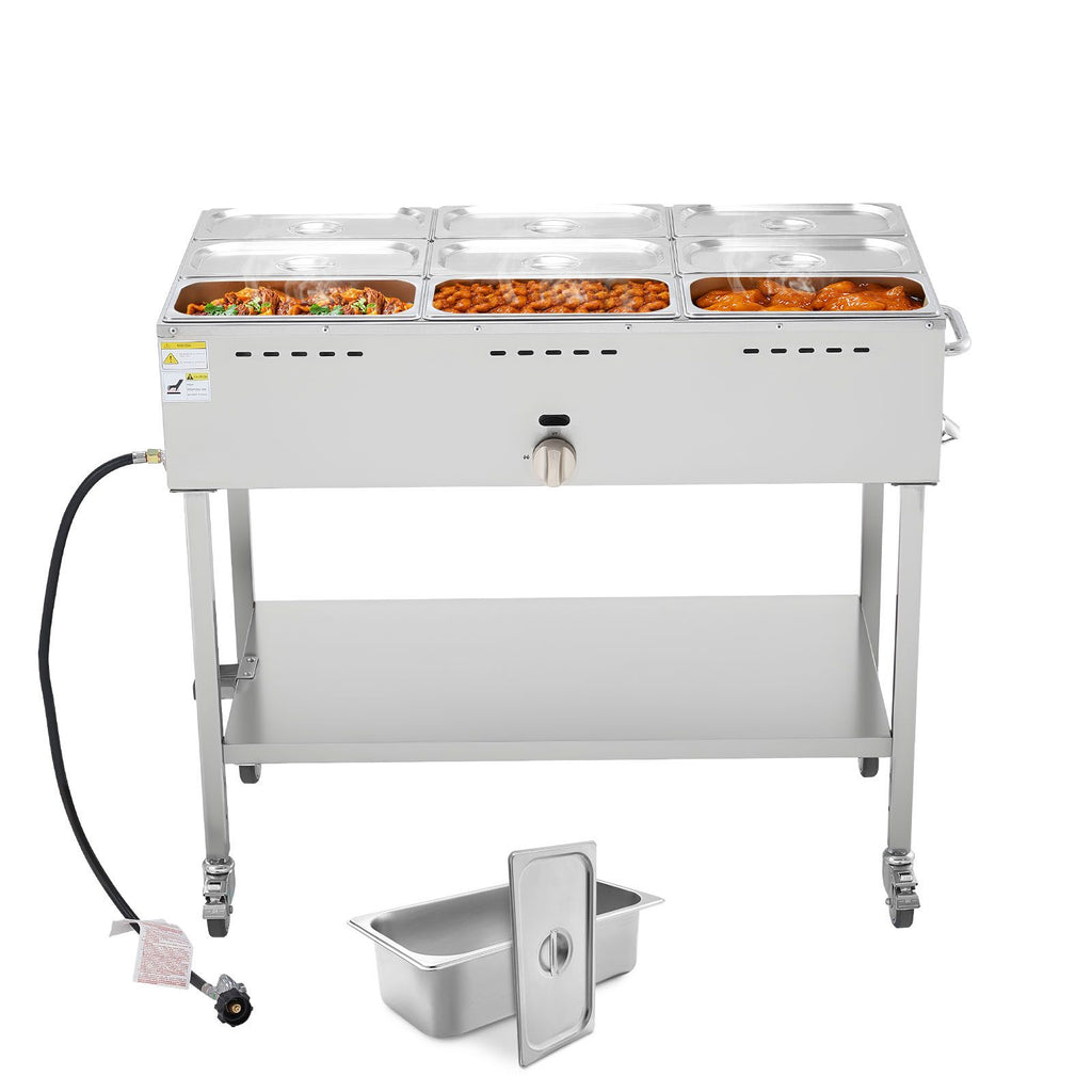 9-Pan Commercial Propane Steam Table, LP Gas Outdoor Soup Warmer with Drain Valve and 3" Wheels, Stainless Steel Propane Food Warmer with Adjustable Temperature, for Restaurant Outdoor Camping