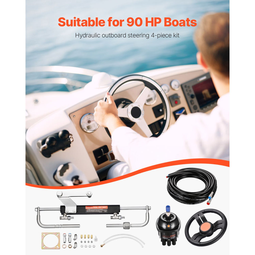 90HP Hydraulic Outboard Steering Kit, Marine Boat Hydraulic Steering System with 13.5-inch Steering Wheel, Helm Pump, Hydraulic Cylinder & 2PCS 26FT Hoses for Single Station Single-Engine Boats image 2