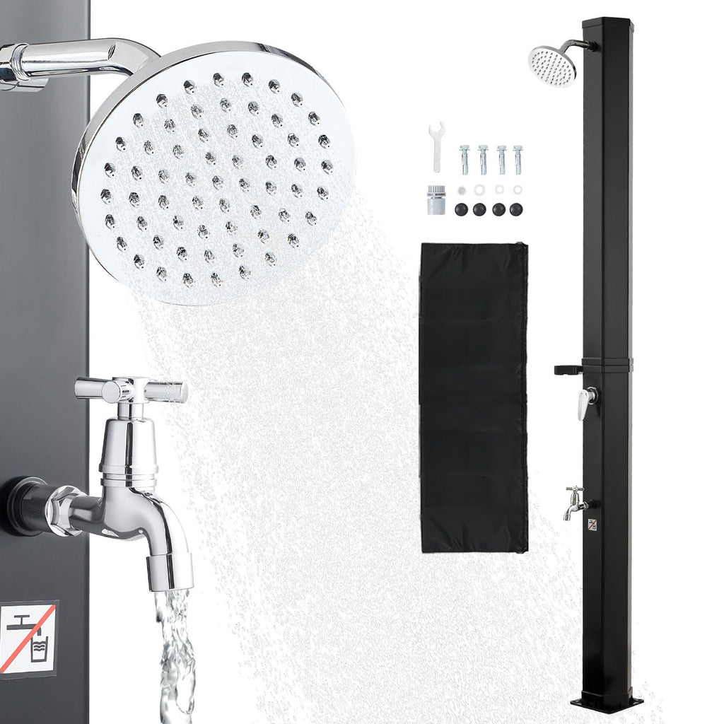 9.2 Gal Solar Heated Shower, 6.4ft Showerhead Height Outdoor Shower, with Foot Faucet & Soap Box Rack, Hot & Cold Water Adjustment, Freestanding for Backyard Poolside Beach Pool,Black