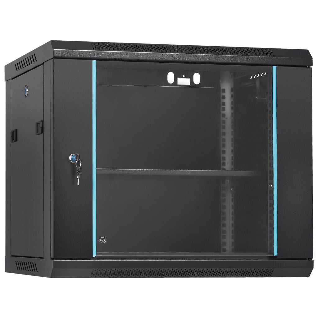 9U Wall-Mounted Server Network Cabinet, 15.5'' Depth, Secure Rack Enclosure, Supports up to 200 lbs, Features Lockable Glass Door and Side Panels, Ideal for IT and A/V Gear