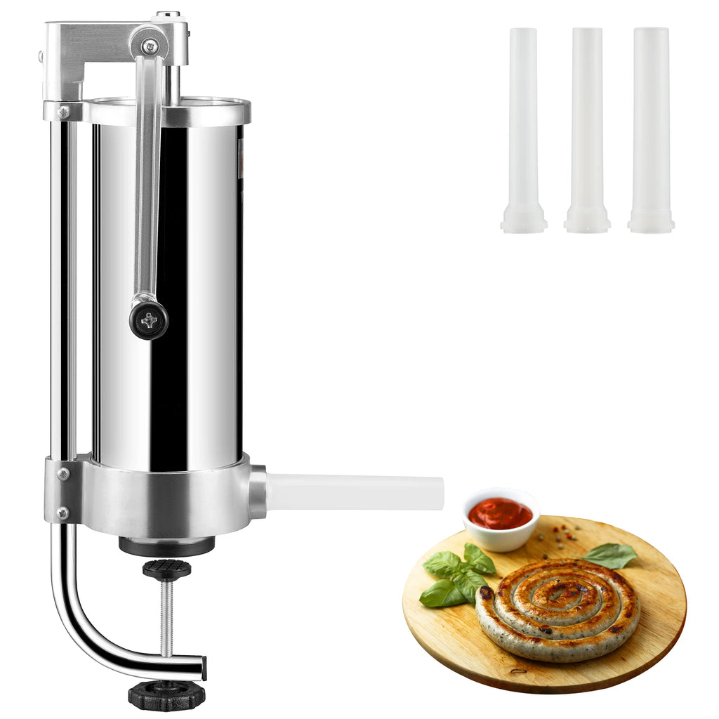 Sausage Stuffer,3L Capacity,304 Stainless Steel Vertical Sausage Stuffer,w/3 Stuffing Tubes,Suction Base and Manual Crank