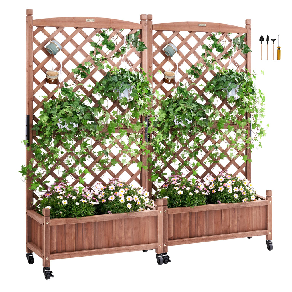Raised Garden Bed with Trellis Outdoor Raised Wood Planters with Drainage Holes for Vine Climbing Plants Flowers in Garden