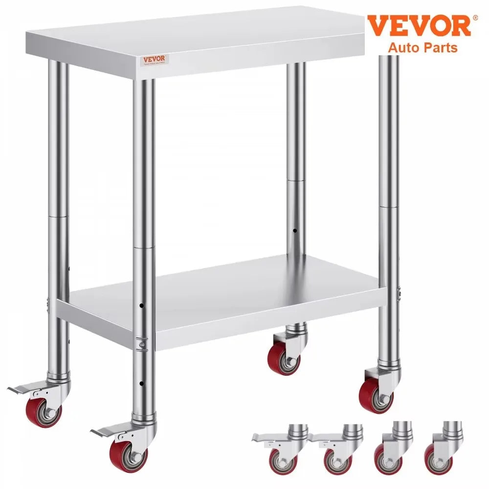 Stainless Steel 700lbs Kitchen Worktable with 4Caster Wheels Shelves Commercial Work Bench Table for  Restaurant Storage
