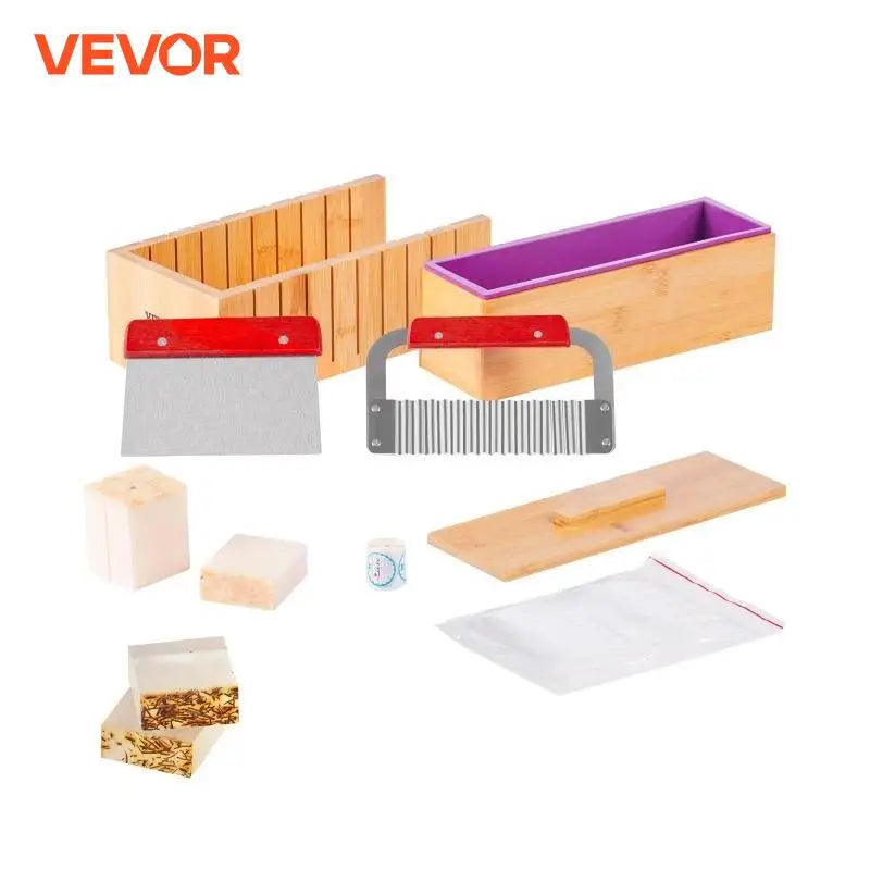 Soap Making Kit Bamboo Cutting Box and Inner Box with Silicone Mold Stainless Steel Straight Cutter and Wavy Cutter