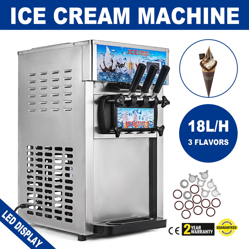 Commercial Soft Serve Ice Cream Machine - Tri-Flavor 18L/H with LCD Display & One-Touch Cleaning for Dessert Shops, Cafes