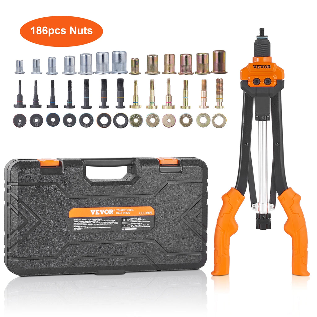 14" 16" Rivet Nut Tool Rivnut Tool Kit with Metric and SAE Mandrels 70PCS/186PCS Rivet Nuts With Rugged Carrying Case