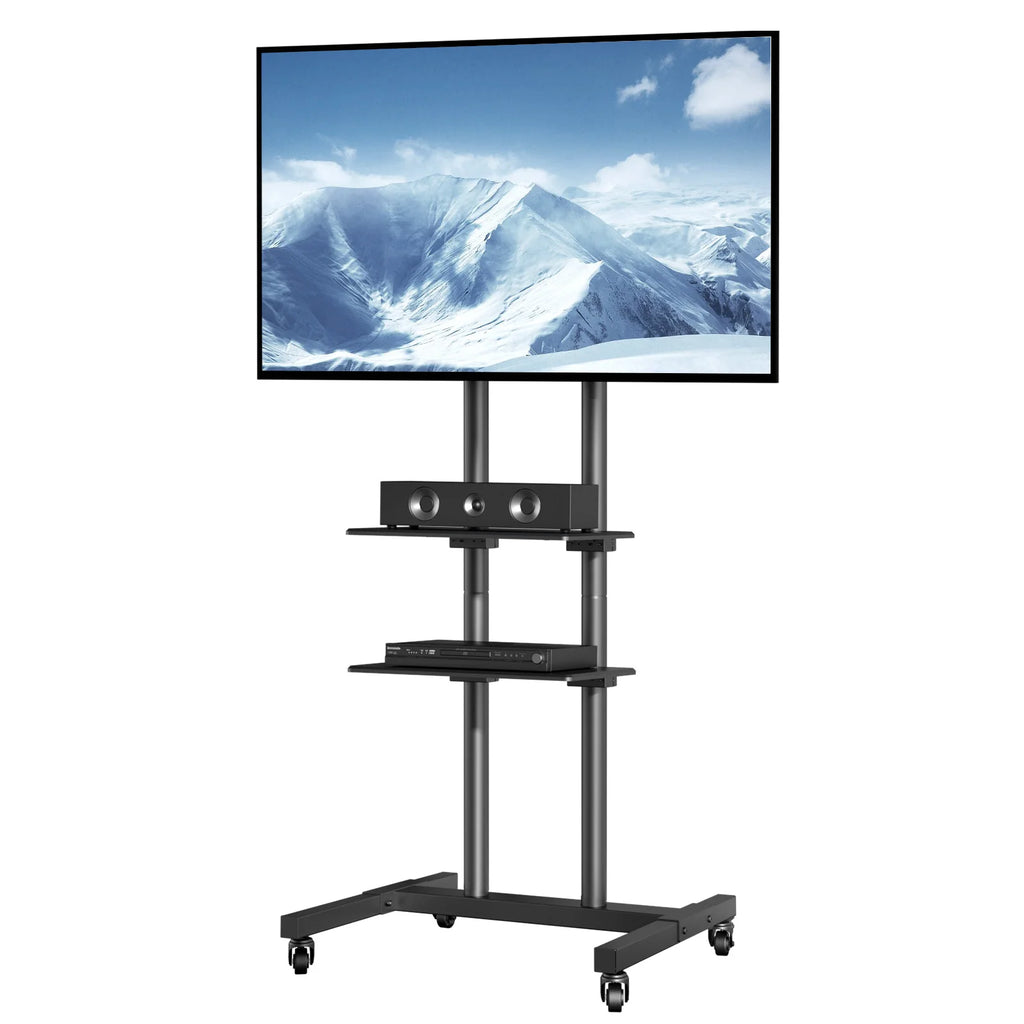 Mobile TV Stand Height Adjustable TV Stand with Wheels Double Tray for Audio-Visual Devices Rolling TV Stand for Bedroom