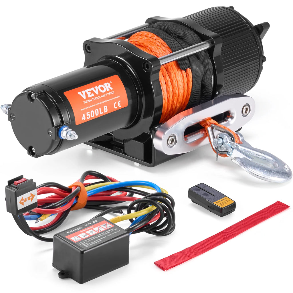 Electric Winch, 4500 lbs, 12V DC ATV/UTV Winch w/Φ1/4 in x 39 ft 12 Strands Synthetic Rope Wireless & Wired Remote Control