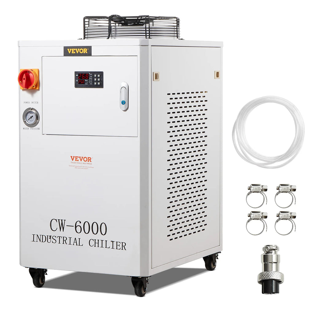 Industrial Water Chiller,CW6000,1500W Industrial Water Cooler Cooling System w/Compressor 15L Water Tank Capacity 65 L/min