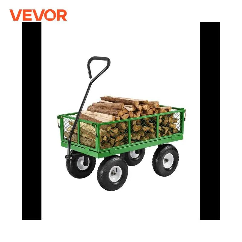 Steel Garden Cart on Wheels Heavy Duty Garden Wagon Cart Pullable Metal Yard Wagon Carts with 180°Rotating Handle for Yard