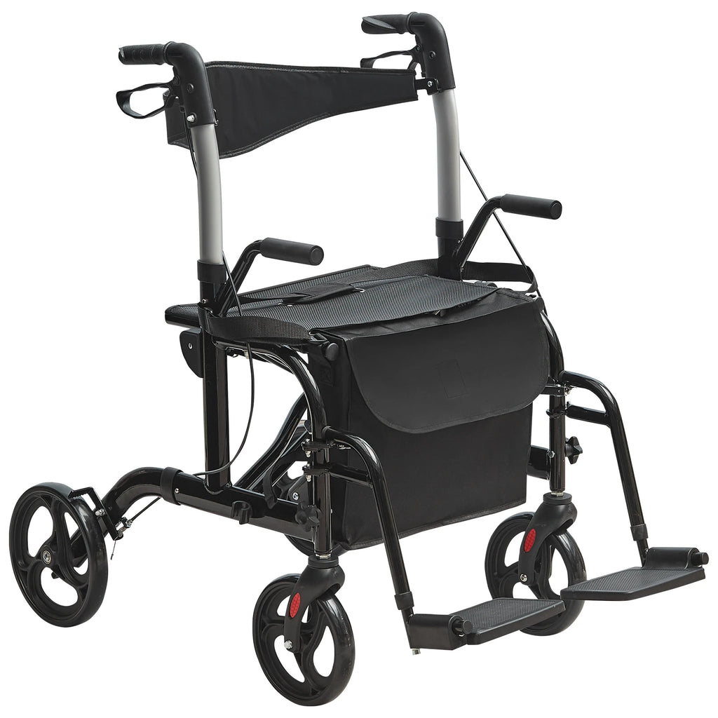 2 in 1 Rollator Walker & Transport Chair for Seniors Folding Rolling Walker Wheelchair Combo & Aluminum Mobility Walker
