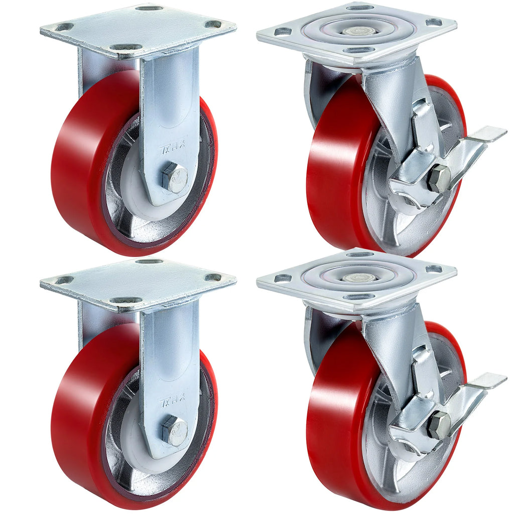 4 Pack 6" x 2" Heavy Duty Iron Core Polyurethane 2 Rigid and 2 Swivel Casters  With Side Brake 1000LBS Capacity Per Wheel