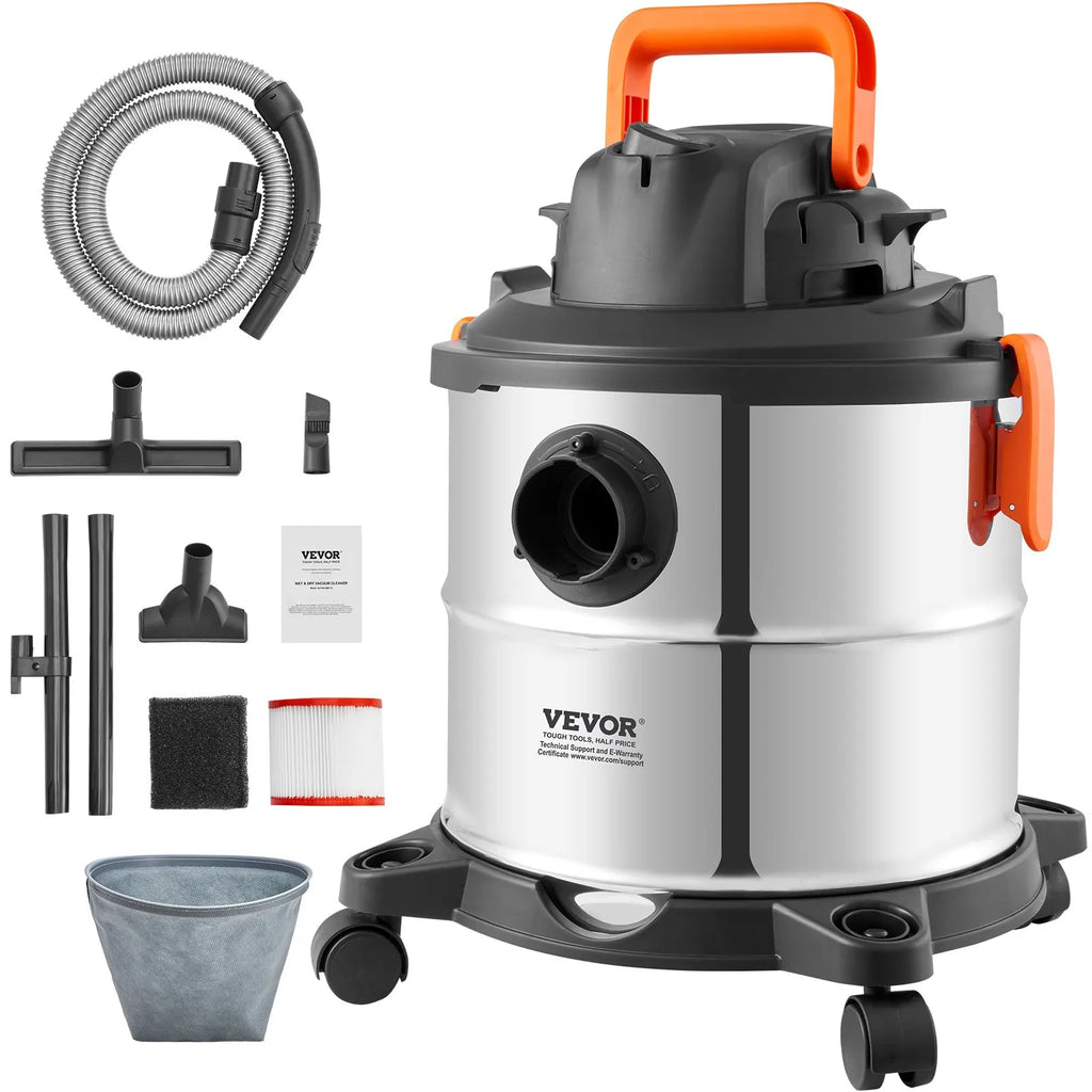 Stainless Steel Wet Dry Shop Vacuum, 5.3 Gallon 6 Peak HP Wet/Dry Vac, Powerful Suction with Blower Function w/Attachment