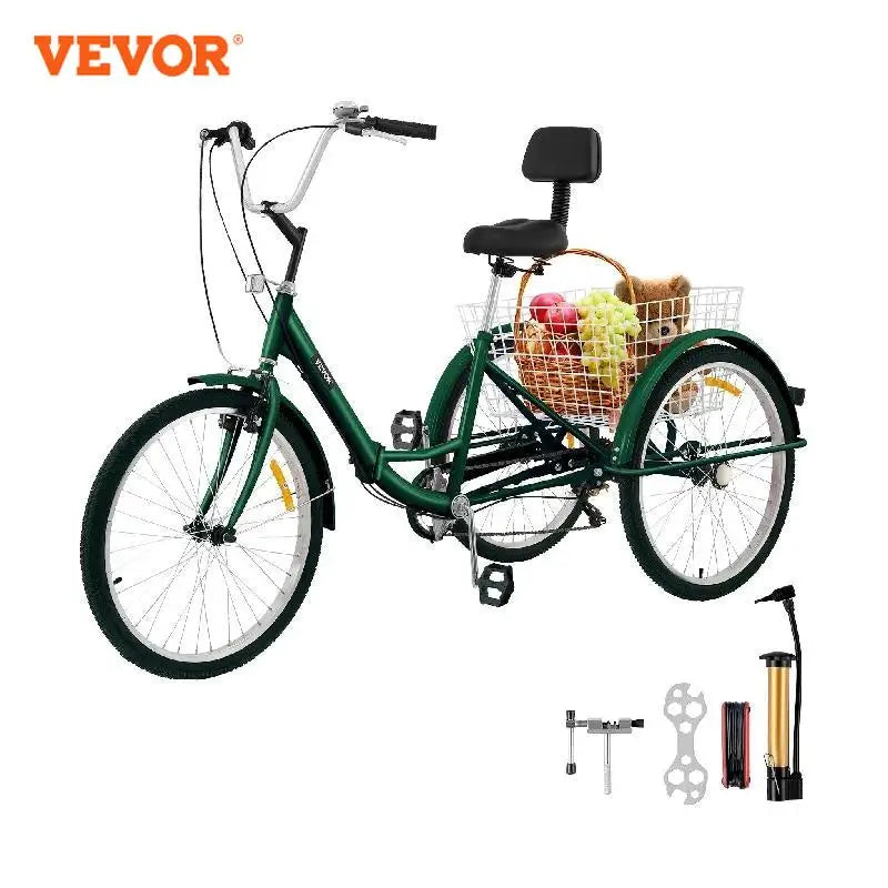 24" 7-Speed 3 Wheel Bikes Tricycle Trike Folding Tricycle Foldable Adult Tricycle 3 Wheel Bike Trike for Adults (Green)