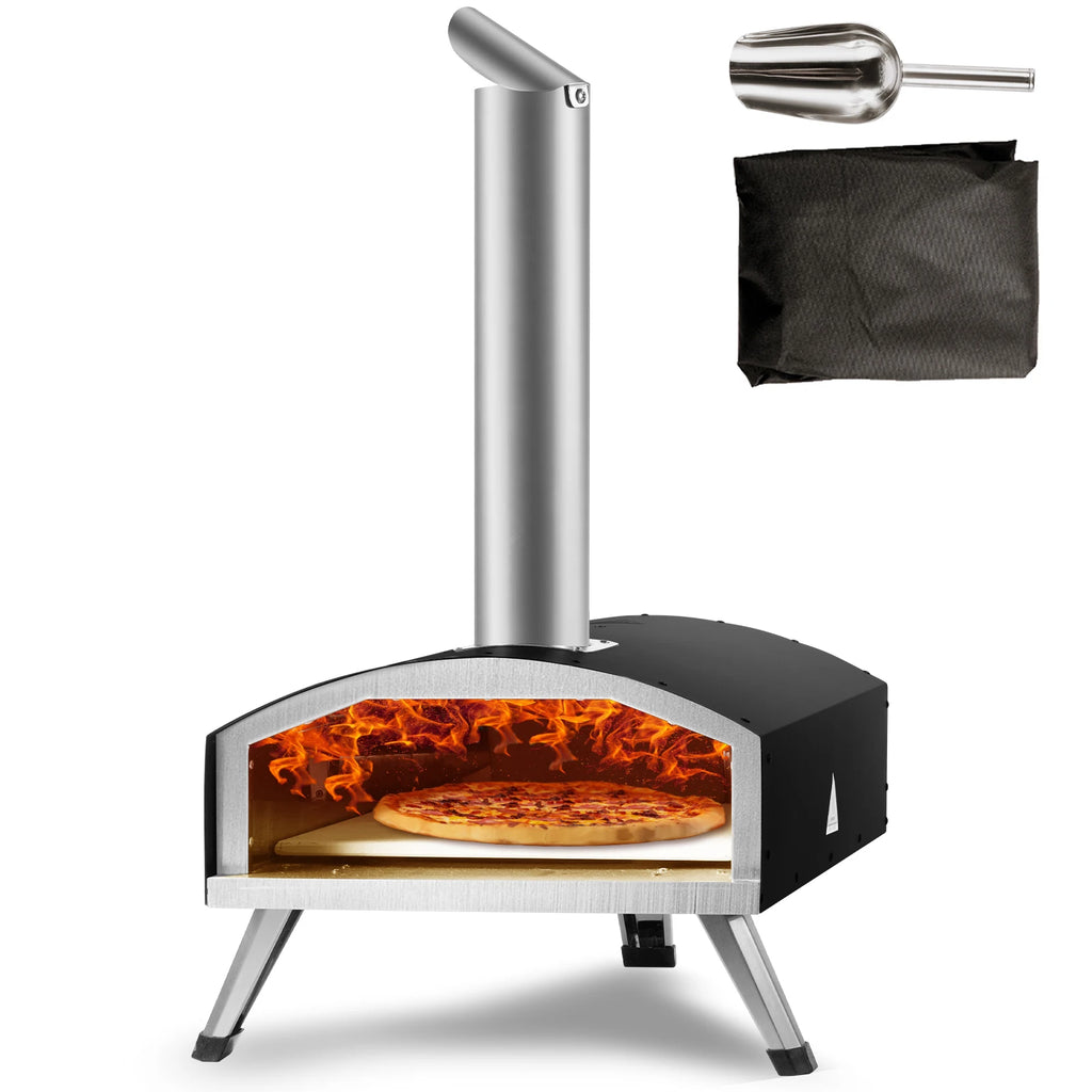 Outdoor Pizza Oven 12in Pellet & Charcoal Fired Maker, Portable Outside Stainless Steel Grill for Backyard Party Camping