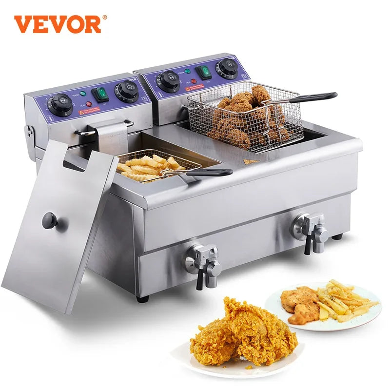 Commercial Electric Deep Fryer w/Dual Tanks 12L Countertop Fryer w/Oil Filter and Timed for Fried Chicken French Frie