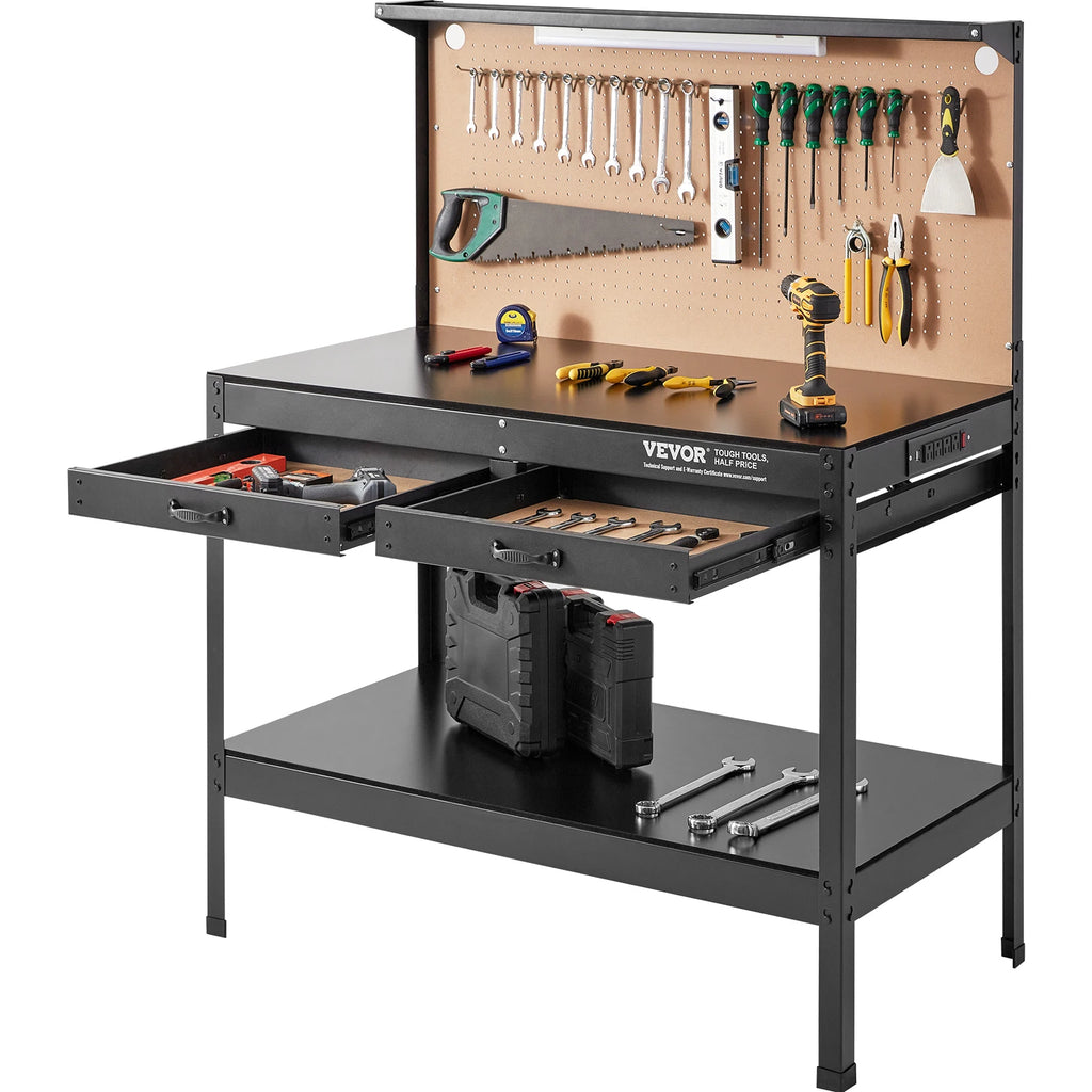 220lbs Workbench A3 Garage Steel Work Bench with 2xUSB Ports & 30xHooks Workspace for Hardwood Working