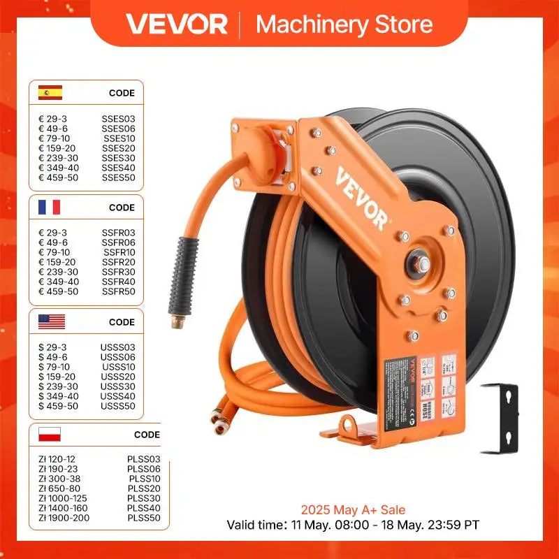 Retractable Air Hose Reel 50FT Rubber Air Compressor Hose Reel Auto-Rewind with 5FT Lead in Ceiling Wall-Mounted Air Hose