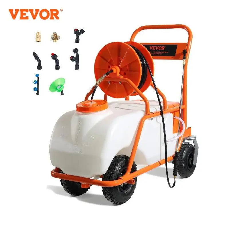 Battery Powered 15 Gallon Garden Weed Sprayer with Wheeled Cart 126FT Hose with Reel 8 Nozzles 2 Wands with Lock for Crop