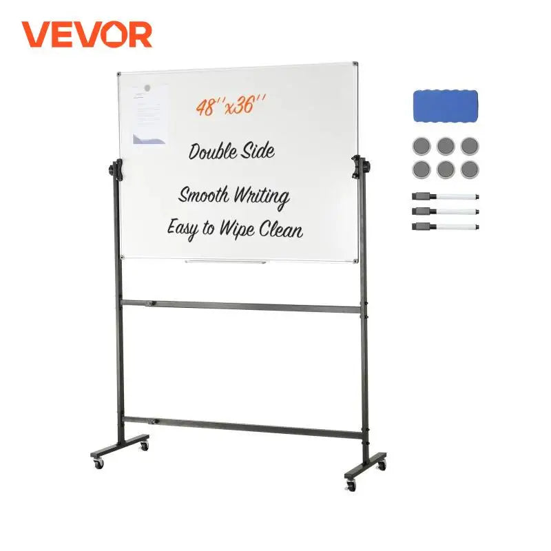 Rolling Magnetic Whiteboard Double-Sided Mobile Whiteboard 360° Reversible Adjustable Height Dry Erase Board for School