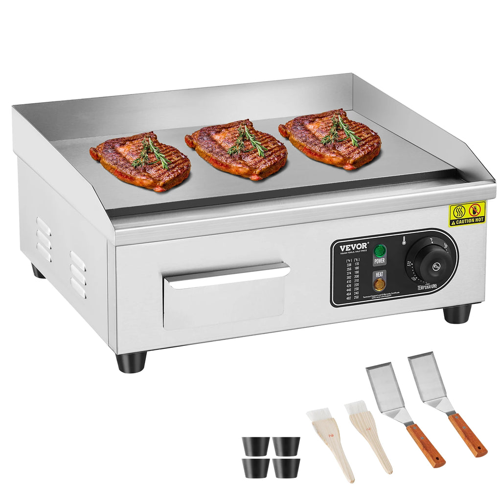 17.8In Commercial Electric Griddle, Countertop Flat Top Grill, 122℉-572 ℉ Adjustable Temp, Stainless Steel Griddle Grill