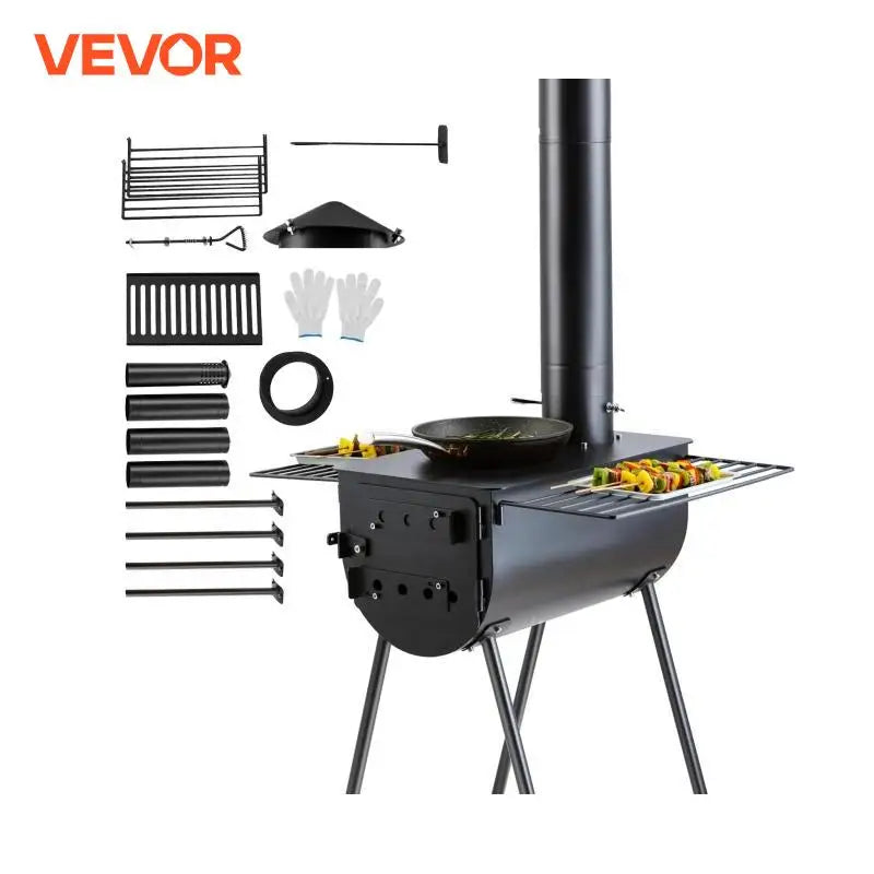 118in Wood Stove Alloy Steel Camping Tent Portable Wood Burning Stove with Chimney Pipes & Gloves Hot Stove for Outdoor