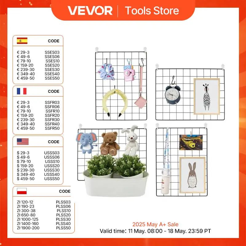 Grid Wall Panels 4 Packs Wire Wall Grid Wall Storage Organizer Metal Grid Wall Panel for Photo Pictures Display with Hooks