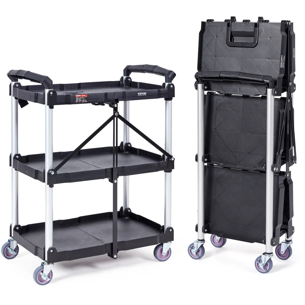 Foldable Utility Service Cart 3 Shelf 165LBS Hand Truck w/ Lockable Wheels Portable Garage Tool Cart for Warehouse/Office