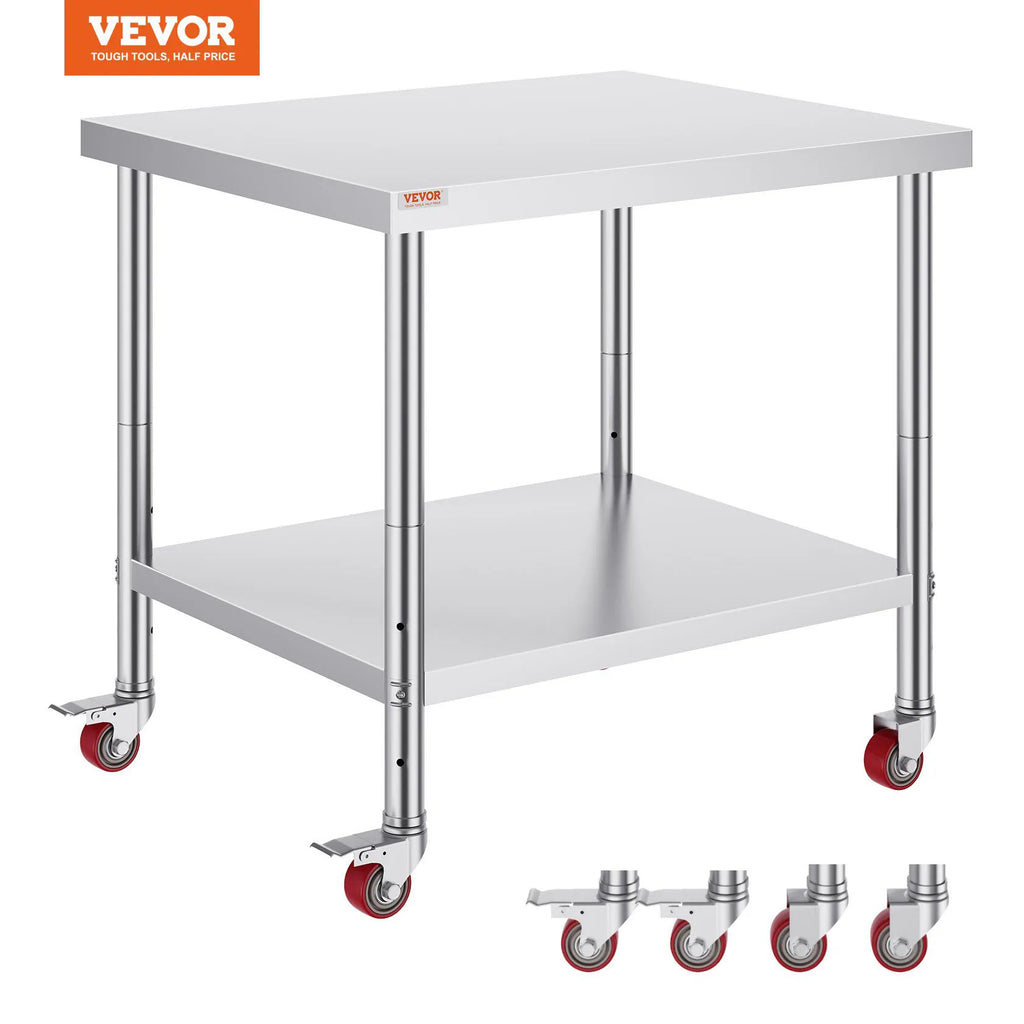 Stainless Steel Work Table, 4 Lockable Wheels Heavy Duty Prep Table for Commercial Kitchen Restaurant Home (Multi-Size)