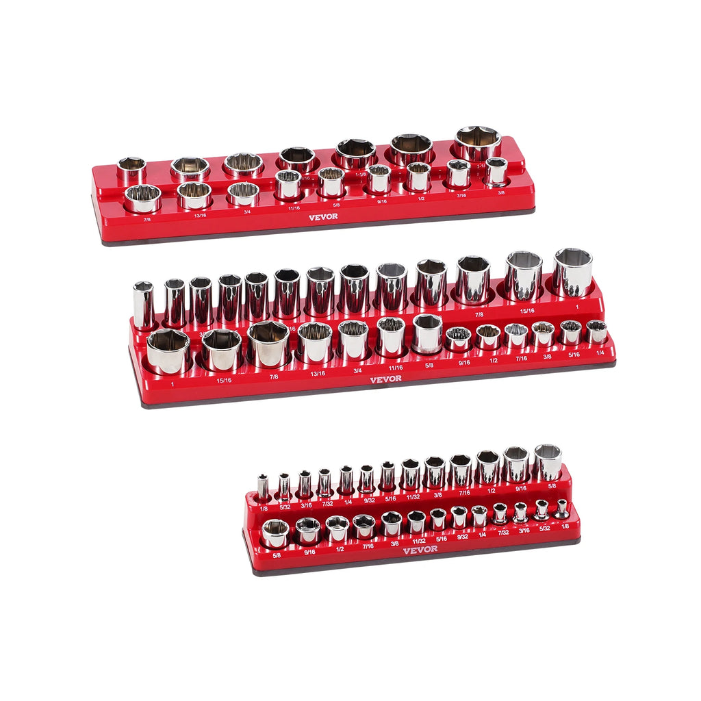 3PCS Red Magnetic Socket Organizer Set 1/4'' 3/8'' 1/2'' SAE Socket Trays up to 68PCS Standard & Deep Sockets for Tools