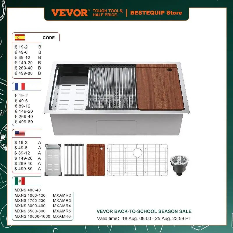 25-32inch Stainless Steel Kitchen Sink Undermount Single Bowl Workstation Step Sink with Cutting Board and Basket Strainer