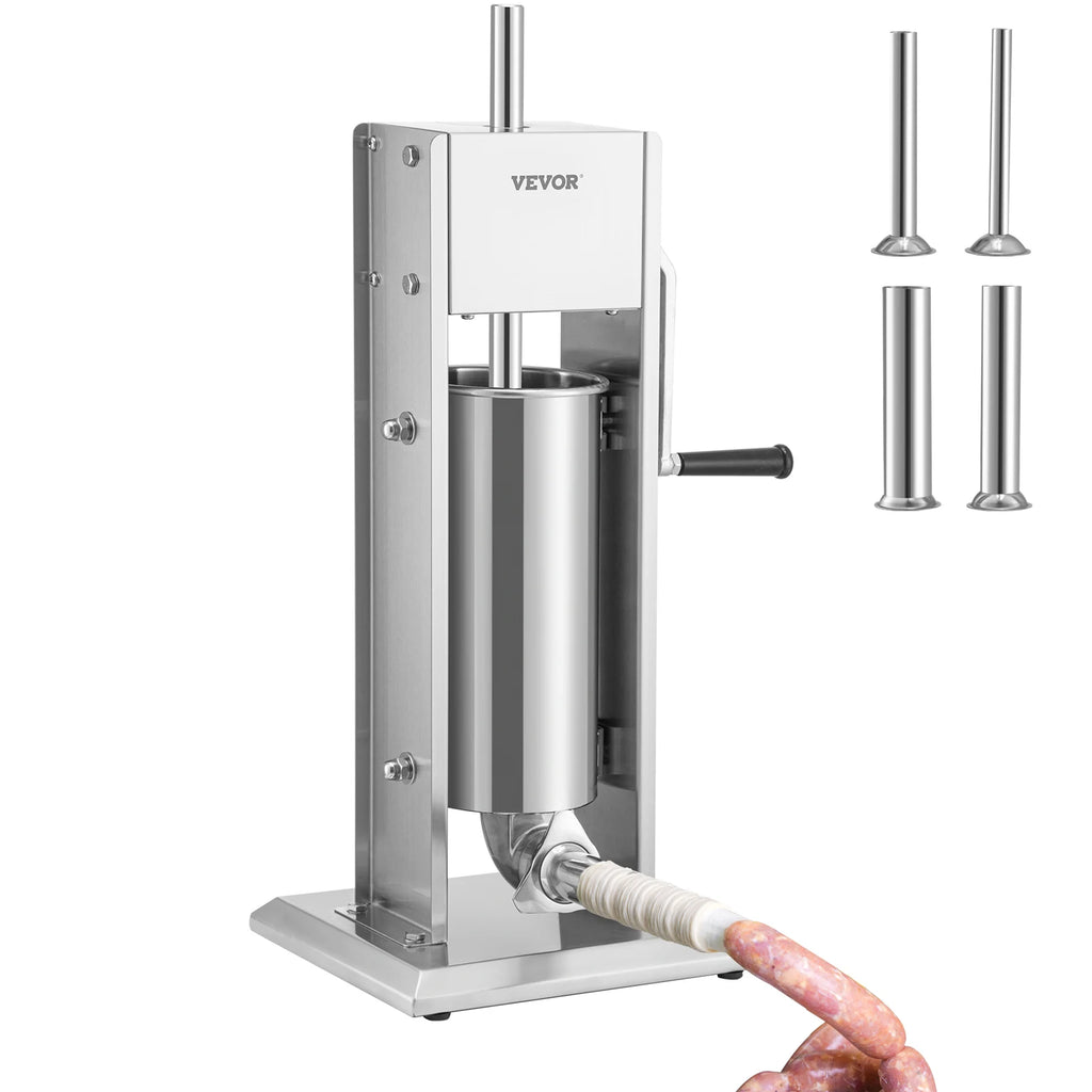 3 5 7 L Manual Sausage Stuffer Stainless Steel Making Sausage Vertical Maker with 4 Filling Funnels for Home Commercia Use