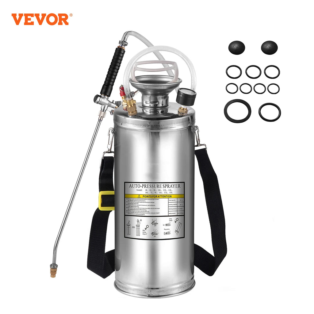 2Gal Stainless Steel Sprayer Hand Pump Sprayer with Pressure Gauge&Safety Valve Adjustable Nozzle for Gardening Sanitizing