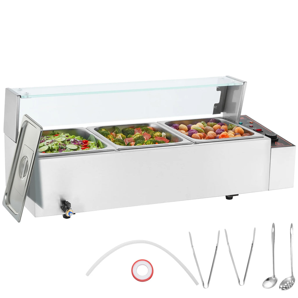 3-Pan Commercial Food Warmer,3 x 8QT Electric Steam Table w/Glass Cover,1500W Countertop Stainless Steel Buffet Bain Marie