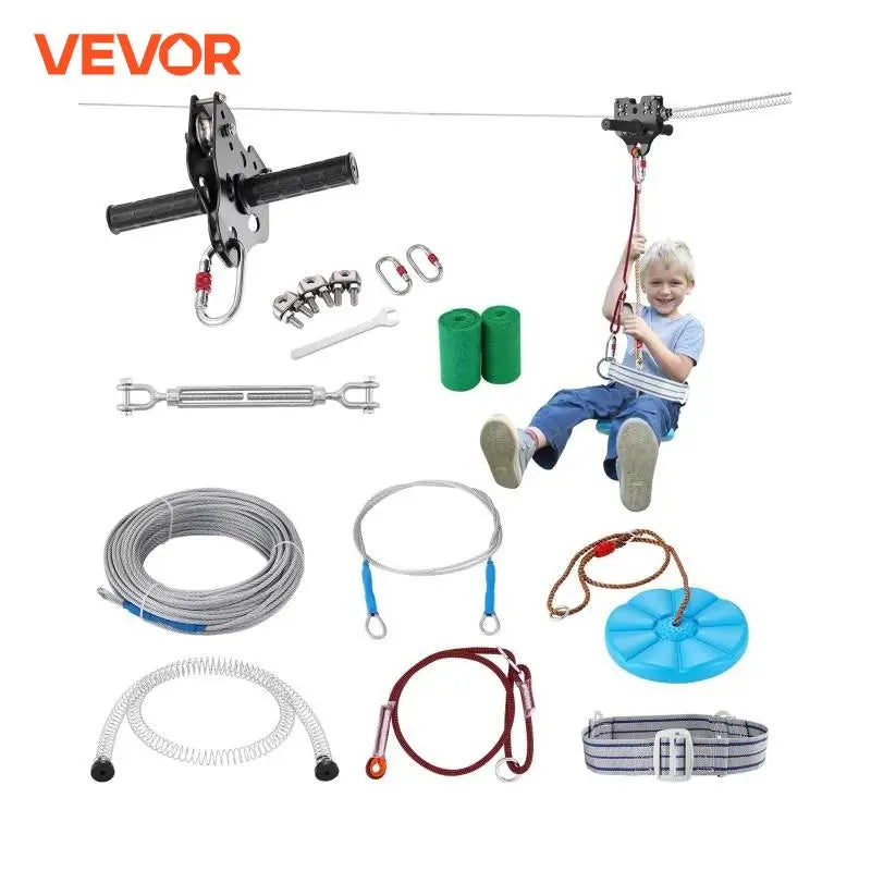 60/80/100/120 FT Zipline Kit Up to 500 lbs Backyard Outdoor Playground Entertainment Stainless Steel Safety Harness Seat