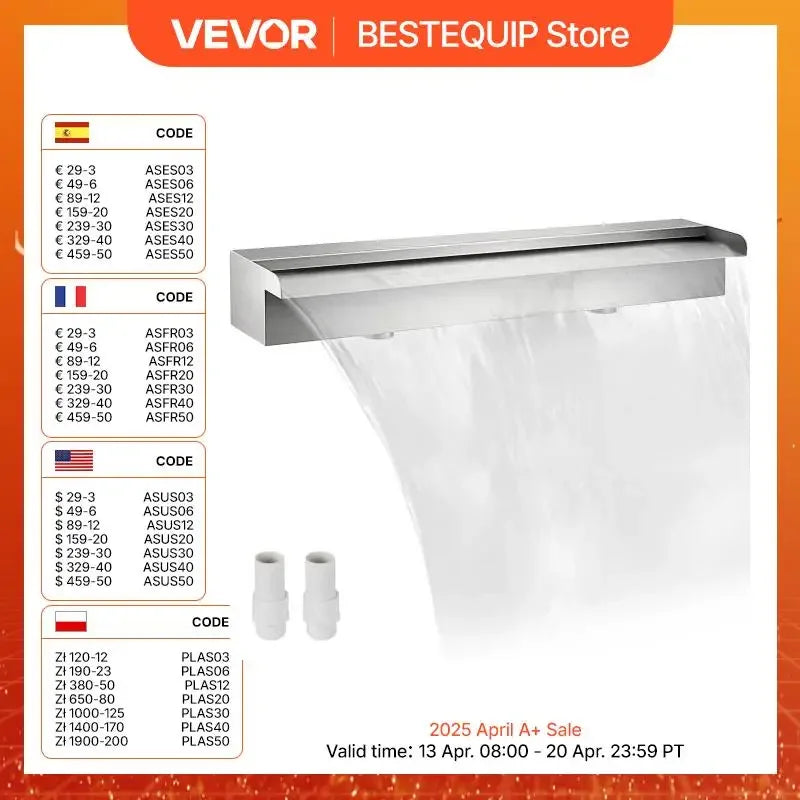 Waterfall Pool Fountain Stainless Steel W/ Pipe Connector Spillway Garden Outdoor Pond Rectangular Swimming Pool Fountain