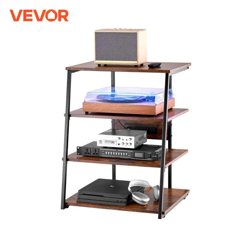 AV Media Stand with Power Strips Corner TV Stand Height Adjustable Wooden Shelve for DVD Player Cable Games Consoles Brown