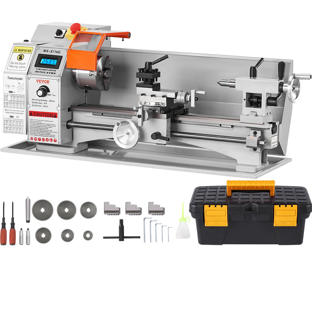 Metal Lathe, 7'' x 16'', 800W, Precision Desktop Metalworking Lathe, Variable Speed 150-2500 RPM,w/3-jaw Chuck & Tool Box
