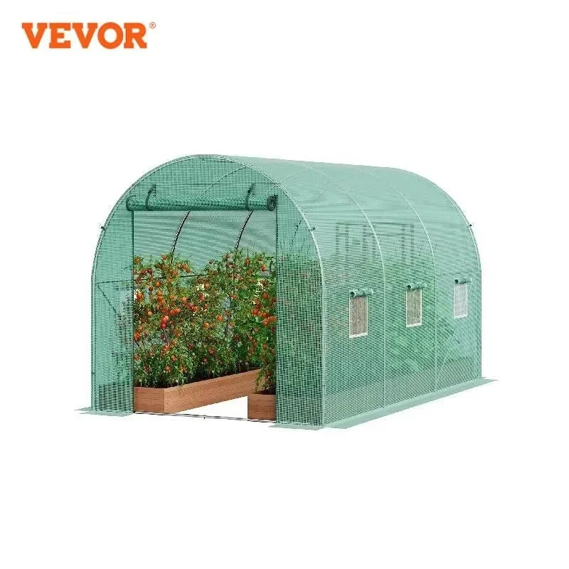 Walk-in Tunnel Greenhouse Hoop House Greenhouse Tunnel Plant Hot House with Steel Frame Green PE Cover Roll-up Zipper Door
