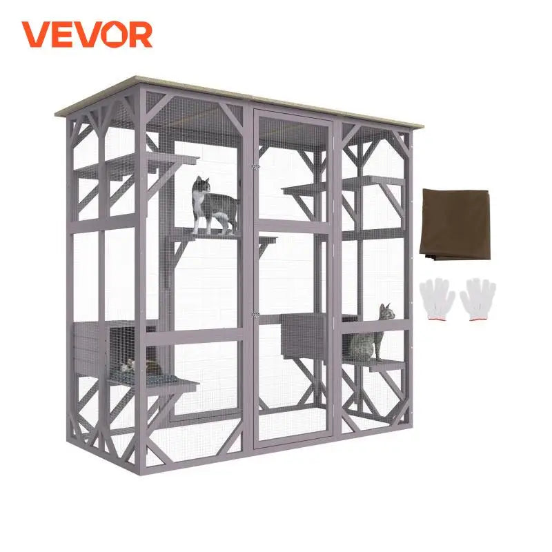 Cat House Outdoor 7-Tier Large Catio Cat Enclosure with 5 Platforms 2 Resting Boxes & Large Front Door 71.2x34.6x66.5 in