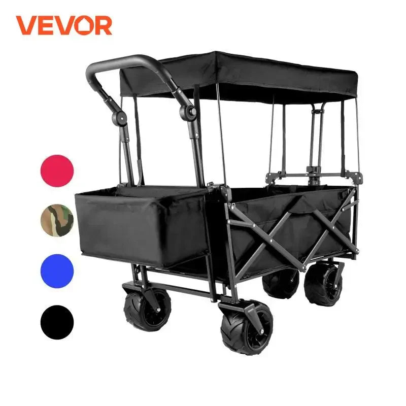Folding Wagon Cart W/ Adjustable Handle Bar Removable Canopy Oxford Cloth Collapsible Shopping Outdoor Camping Beach Cart