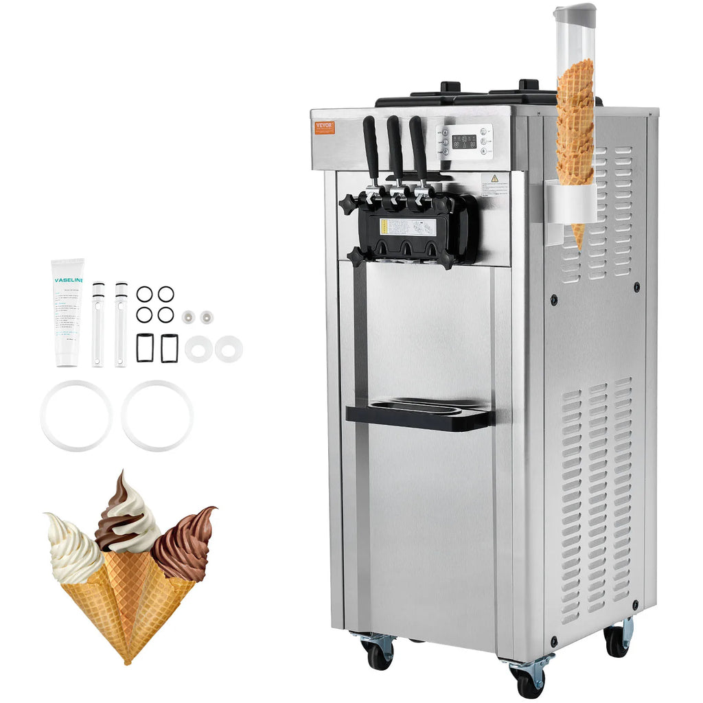 2200W Commercial Soft Ice Cream Machine 3 Flavors 5.3 to 7.4Gallon per Hour PreCooling at Night Auto Clean LCD Panel