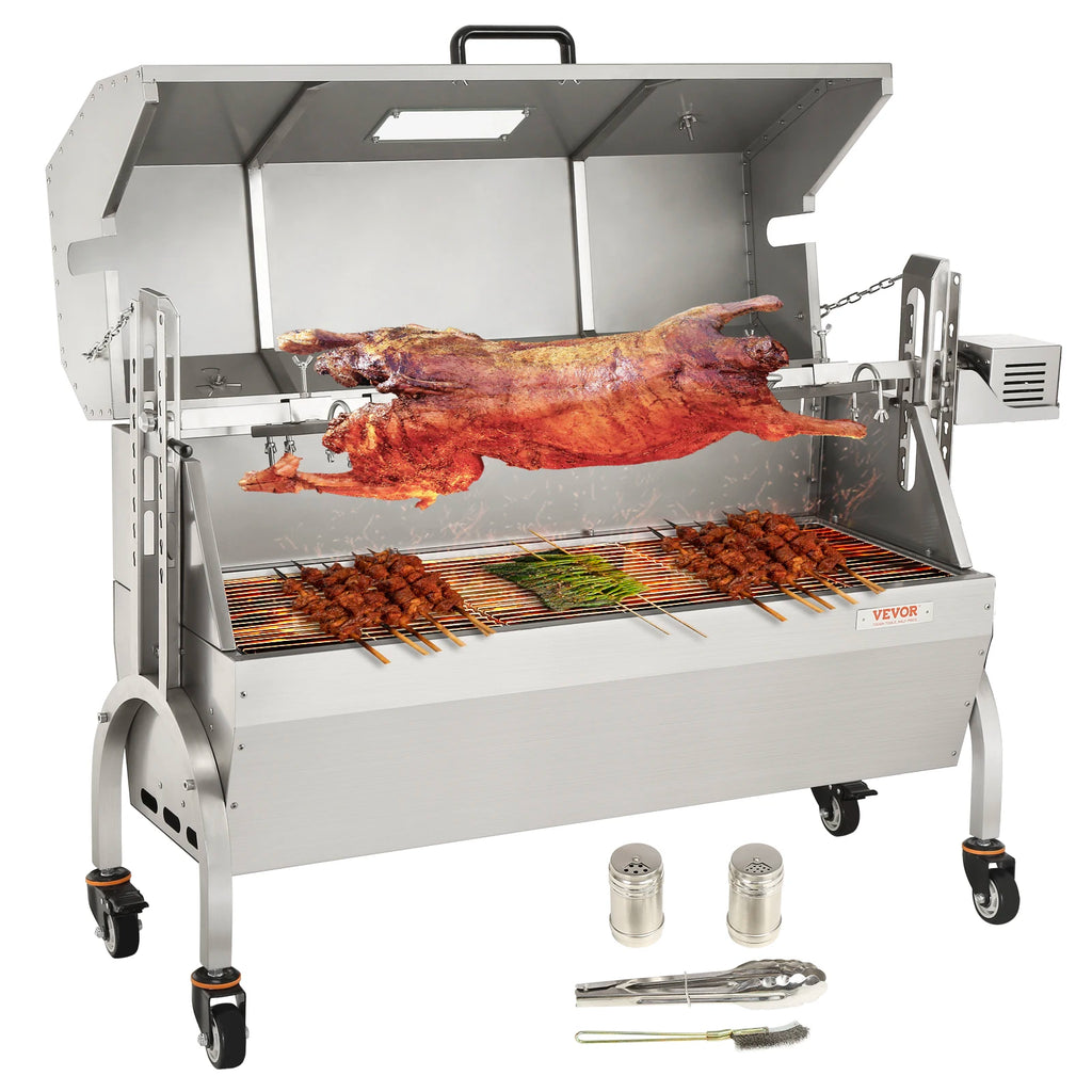 Stainless Steel Rotisserie Grill w/Hooded Cover,BBQ Whole Pig Lamb Charcoal Spit Grill,50W Motor BBQ Hog Rotisserie Roaste