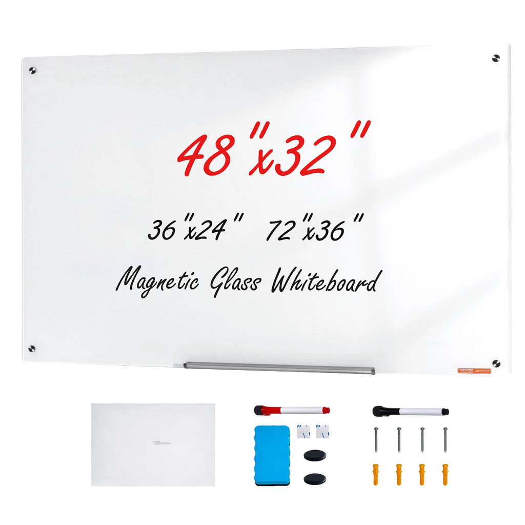 Magnetic Glass Whiteboard 48"x32" Dry Erase Board Wall-Mounted Large White Frameless Glassboard for School Office Home