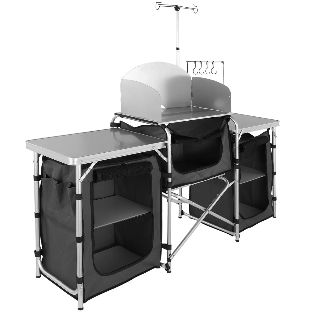 Camping Kitchen Table, Folding Outdoor Cooking Table with Storage Bag, Aluminum Cook Station 3 Cupboard &Windscreen