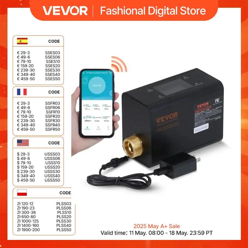 Smart Water Leak Detector Water Monitor Automatic Shutoff Detector for 1-Inch or 3/4-Inch Diameter Pipe with App Alerts
