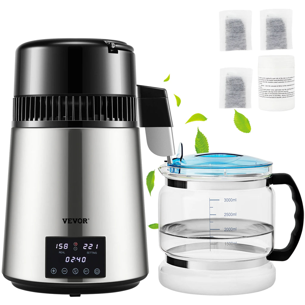 1.5L/H Distilling Speed 4L Water Distiller Treatmen Purifier Filter Timing Dual Temp Display 304 Stainless Home Appliance